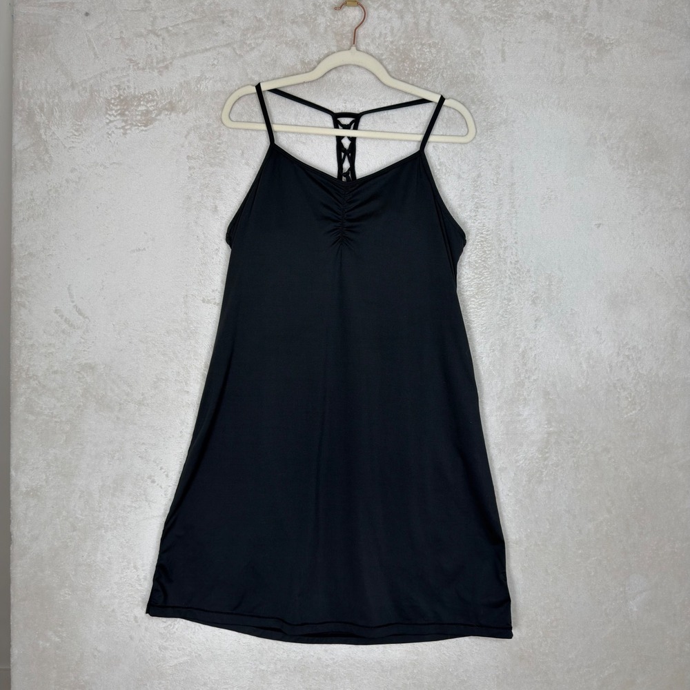 Prana Black Strappy Lattice Back Athletic Dress Ruched V-Neck XL Sustainable